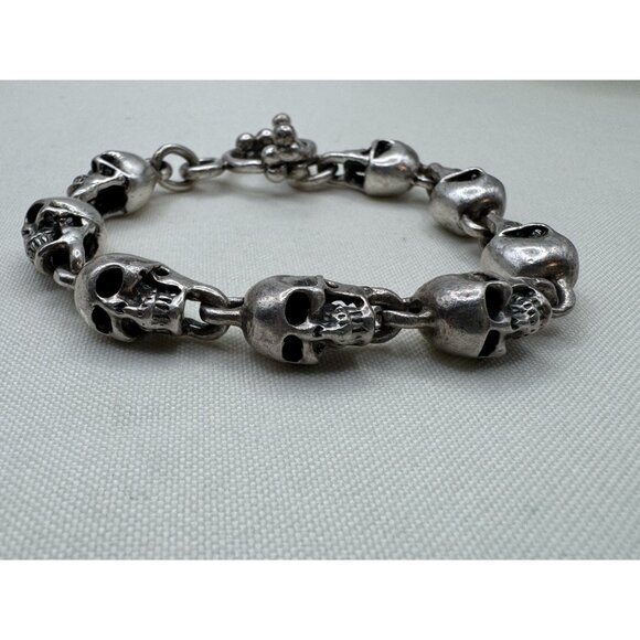 VTG Sterling Silver Skull Bracelet Heavy Gothic Biker Punk Toggle Clasp 80g - Picture 1 of 11
